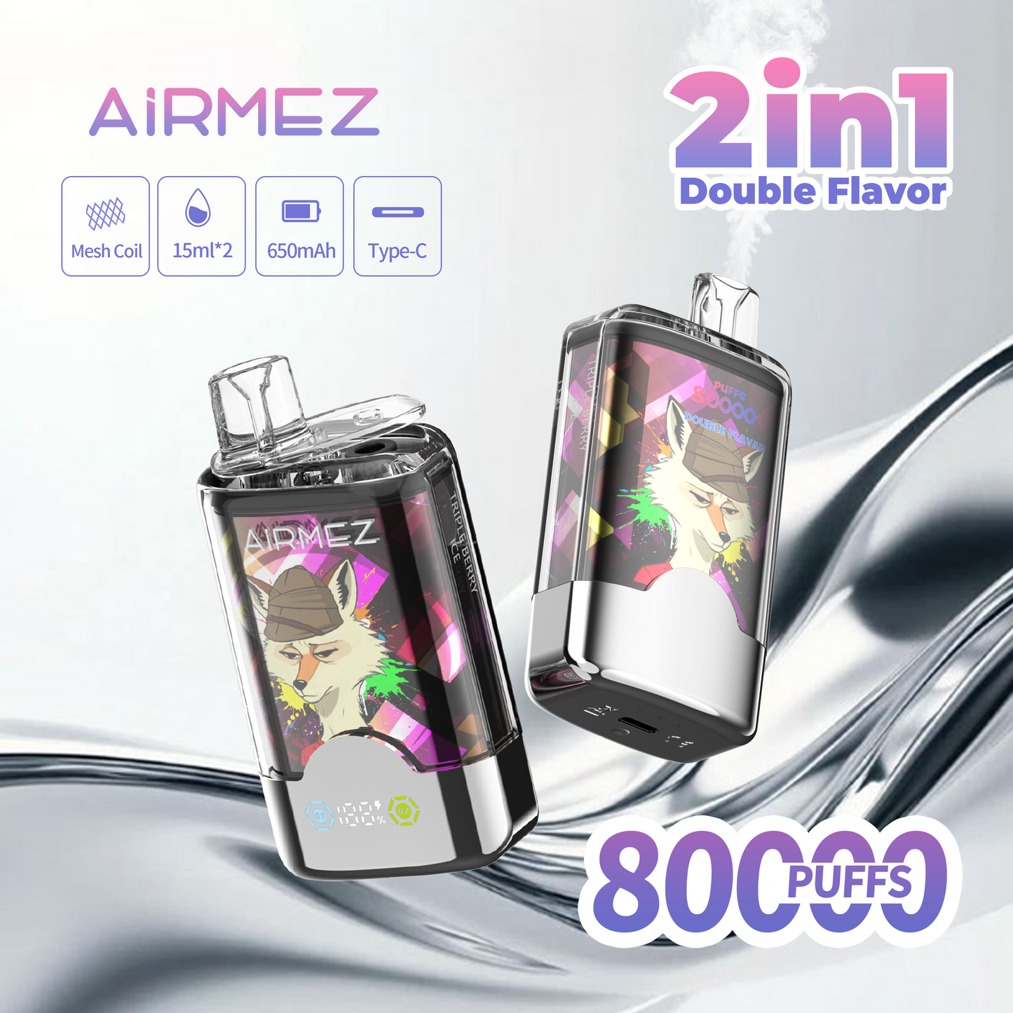 AiRMEZ Fox 80000 80K Puffs Einweg Kit 30ml (Dual Flavor) - 💥Weihnachtsgeschenke sind da! Nehme 4 Zahle NUR 3! + Ab einem Einkauf von 100€ 1 Mystery Vapes Gratis + Kostenloser Versand!!💥