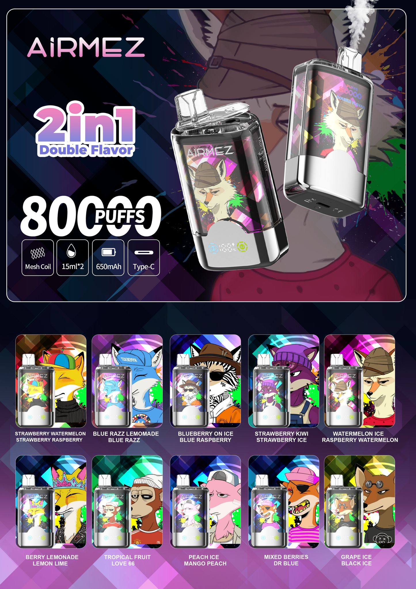 AiRMEZ Fox 80000 80K Puffs Einweg Kit 30ml (Dual Flavor) - 💥Weihnachtsgeschenke sind da! Nehme 4 Zahle NUR 3! + Ab einem Einkauf von 100€ 1 Mystery Vapes Gratis + Kostenloser Versand!!💥