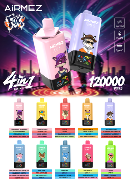 AiRMEZ Fox 4in1 120K 60ml Einweg Kit (120000 Puffs) - 💥 Nehme 4 Zahle NUR 3! + Ab einem Einkauf von 100€ 2 Mystery Gratis💥