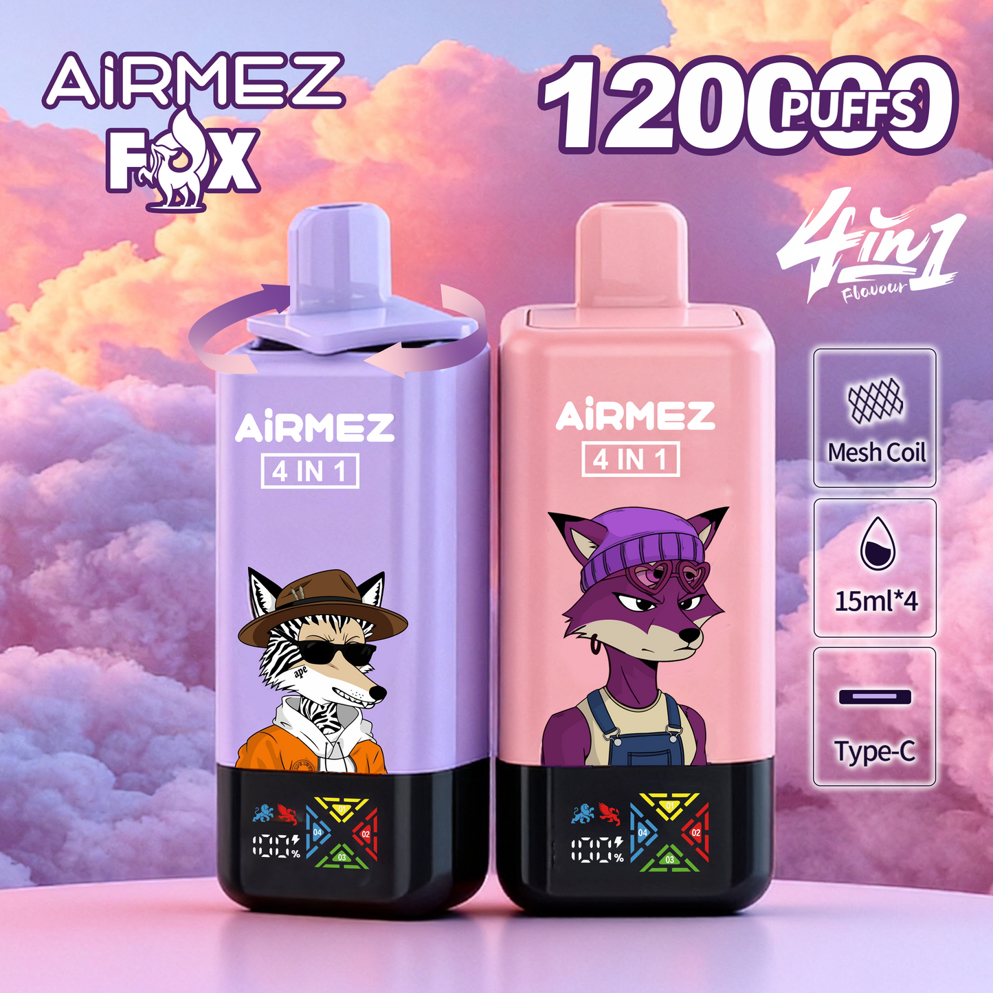 AiRMEZ Fox 4in1 120K 60ml Einweg Kit (120000 Puffs) - 💥 Nehme 4 Zahle NUR 3! + Ab einem Einkauf von 100€ 2 Mystery Gratis💥