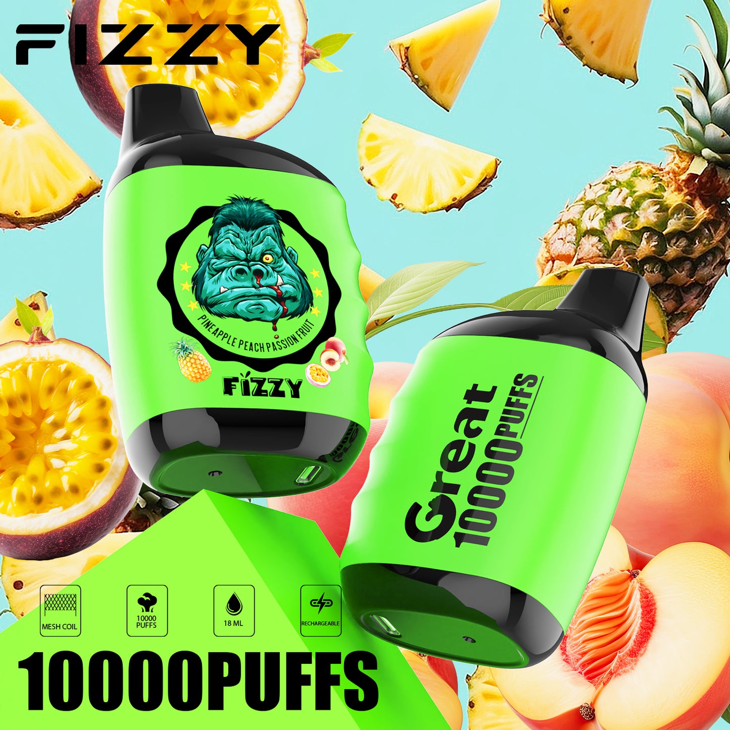 Fizzy GREAT 10000 Puffs Wiederaufladbares Einweg Disposable Kit - 📢EXKLUSIVES ANGEBOT - Nehme 4 Zahle NUR 3 an der Kasse + AB einem Einkauf von 100€ 1 Mystery Vapes Gratis!📢