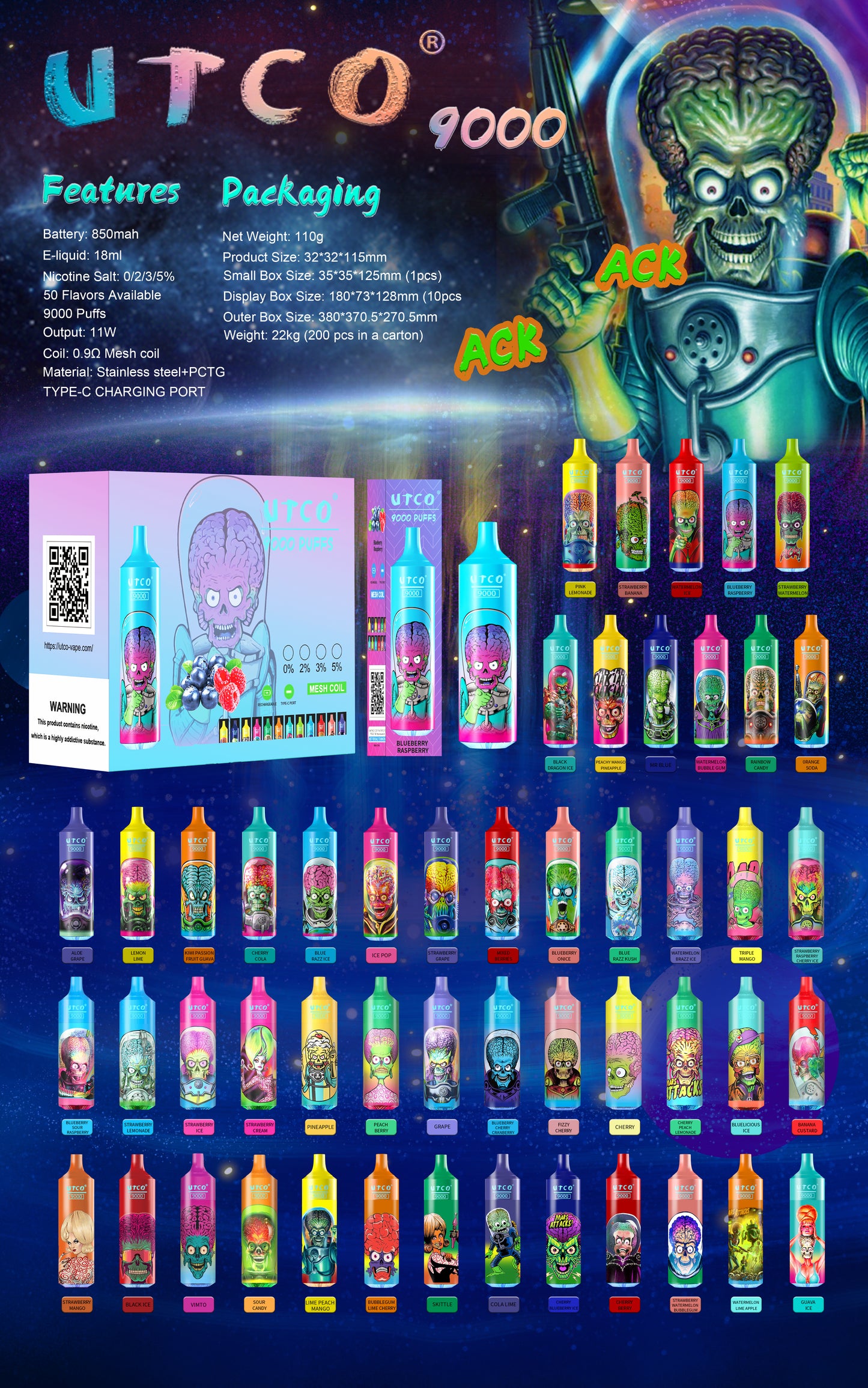 UTCO Aliens 9000 Einweg E-Zigarette Disposable Kit wiederaufladbar - Kaufen Sie 4 Stück Einweg Kits, werden Sie 1 Stück* UTCO Gorilla 7000(50mg) gratis (Zufällige Geschmacksrichtungen) erhalten