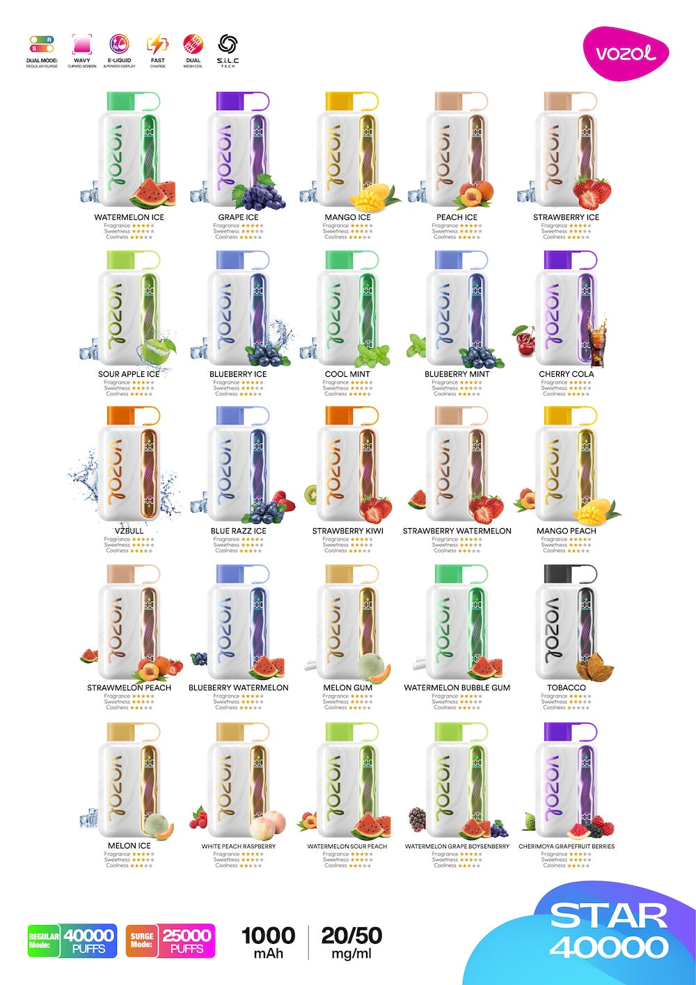 Vozol Star 40000 40K Puffs Einweg Kit (20mg) - 💥 Nehme 5 Zahle NUR 4! + Ab einem Einkauf von 100€ 2 Mystery Gratis💥