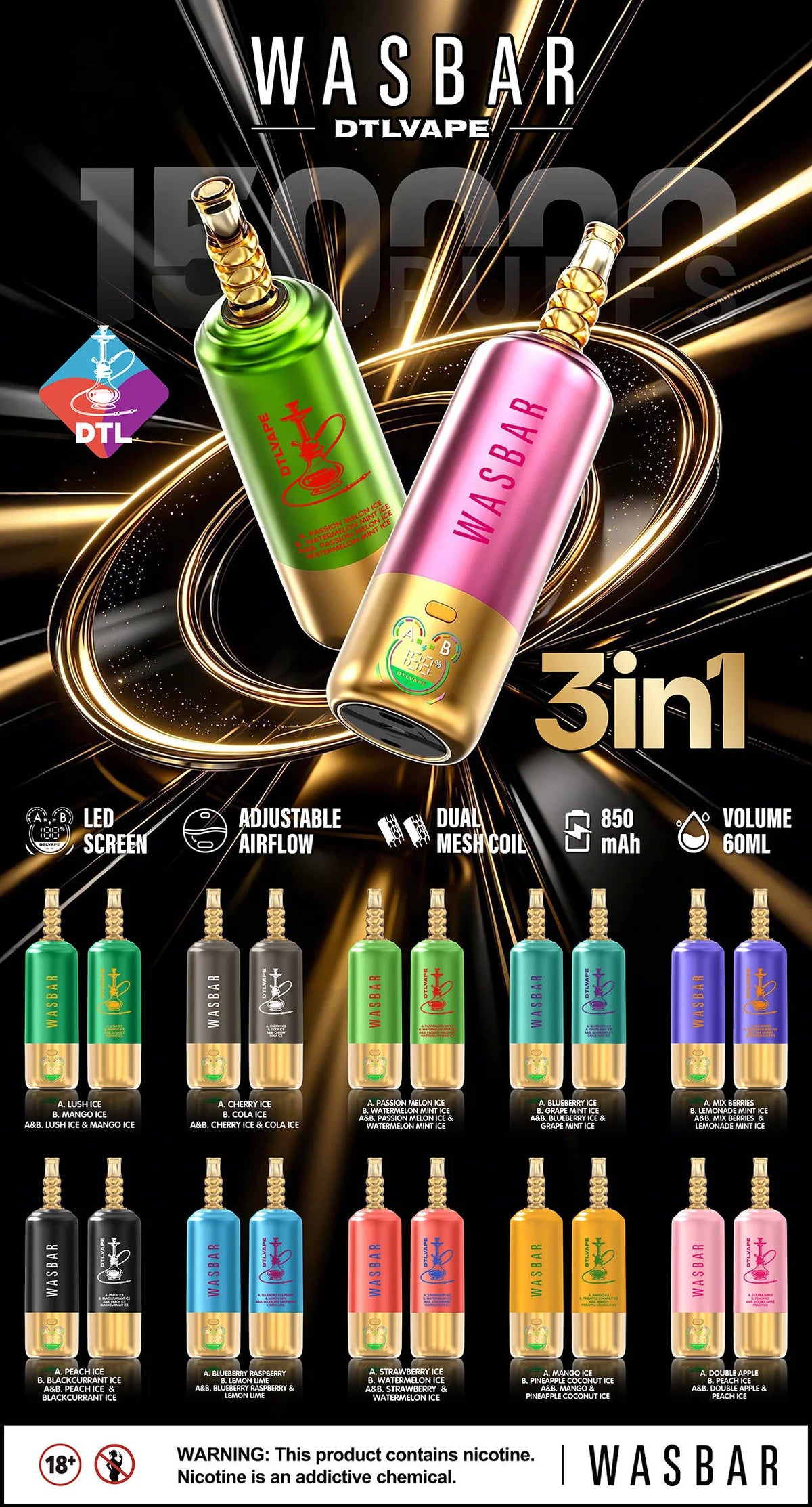 Wasbar 150K Puffs 3-in-1 DTL Shisha Hookah Einweg Kit - 💥 Nehme 4 Zahle NUR 3! + Ab einem Einkauf von 100€ 2 Mystery Gratis💥