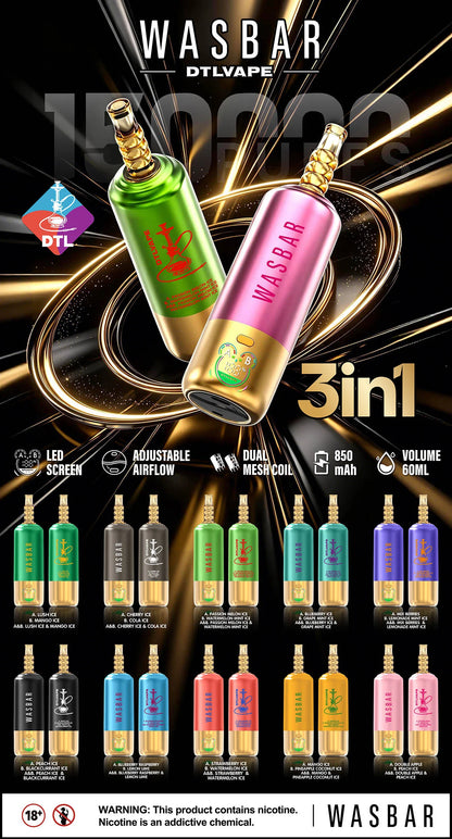 Wasbar 150K Puffs 3-in-1 DTL Shisha Hookah Einweg Kit - 💥 Nehme 4 Zahle NUR 3! + Ab einem Einkauf von 100€ 2 Mystery Gratis💥